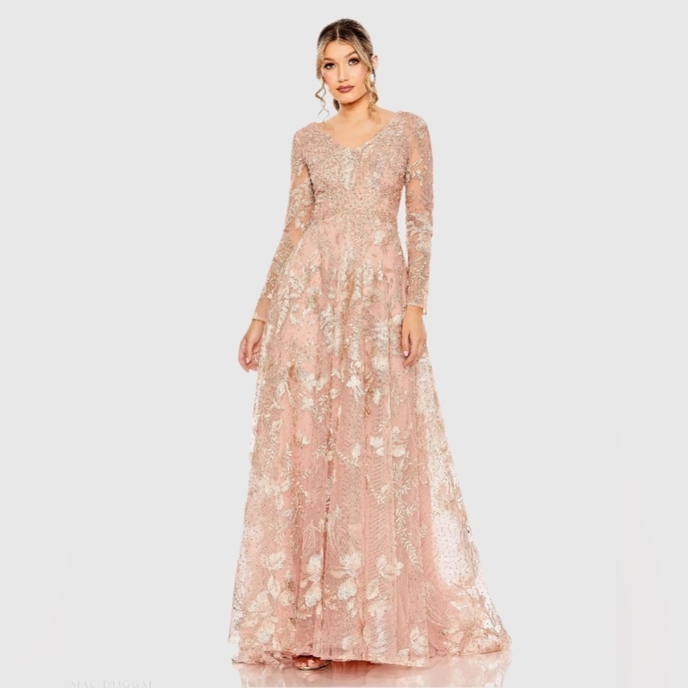 Mac Duggal 20214 NWT Pink Embellished Long Sleeve V Neck A Line Gown